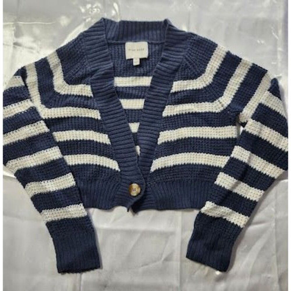 Pink Rose Striped Cropped Cardigan Sweater Small S Blue White Knit Button #202